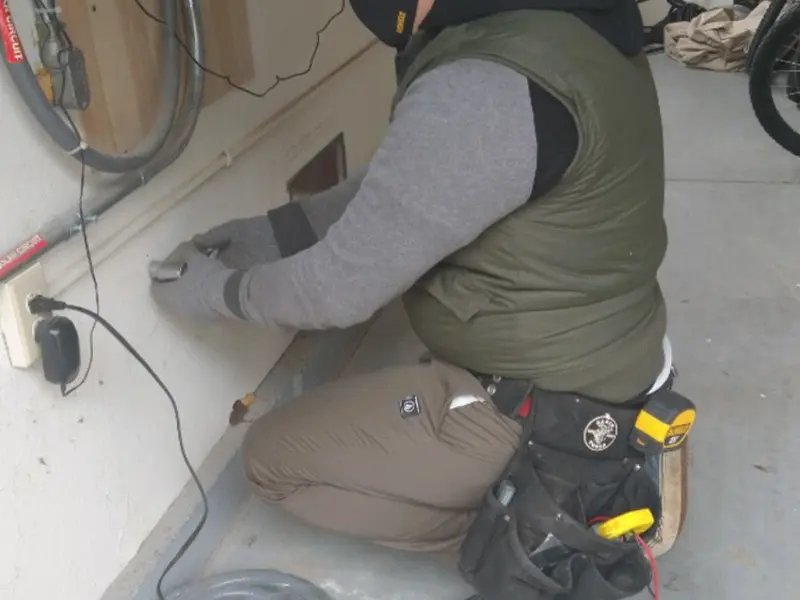 Electrician performing outlet wiring in a Hardin garage
